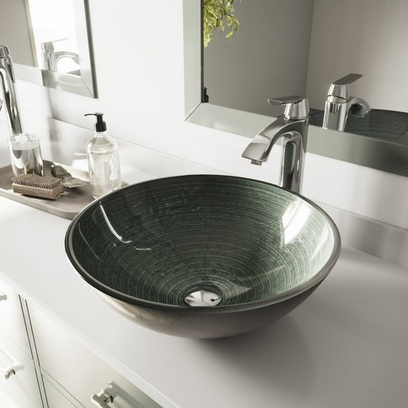 VIGO Glass Round Vessel Bathroom Sink in Silver with Linus Faucet and Pop-Up Drain in Chrome