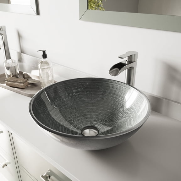 VIGO Glass Round Vessel Bathroom Sink in Silver with Niko Faucet and Pop-Up Drain in Brushed Nickel