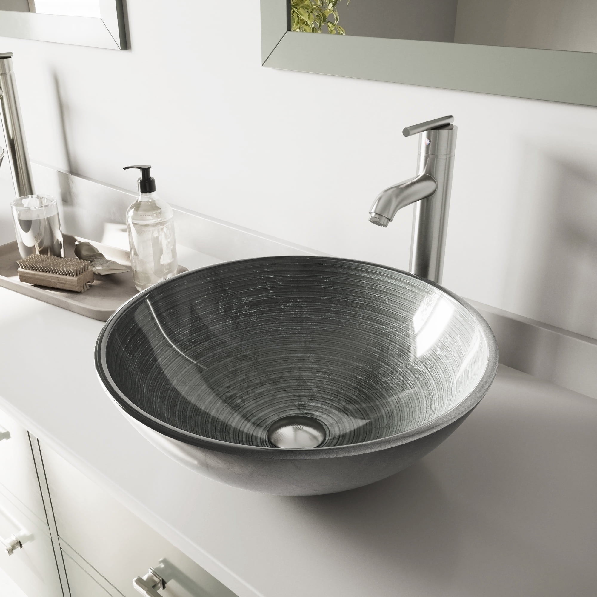 VIGO Glass Round Vessel Bathroom Sink in Silver with Seville Faucet and Pop-Up Drain in Brushed Nickel