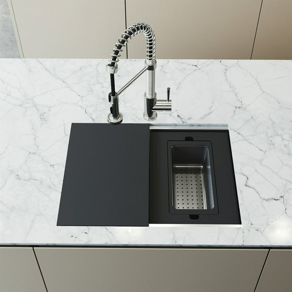 VIGO Hampton Stainless Steel 32 in. Single Bowl Undermount Workstation Kitchen Sink with Utility Tier Ledge and Accessories