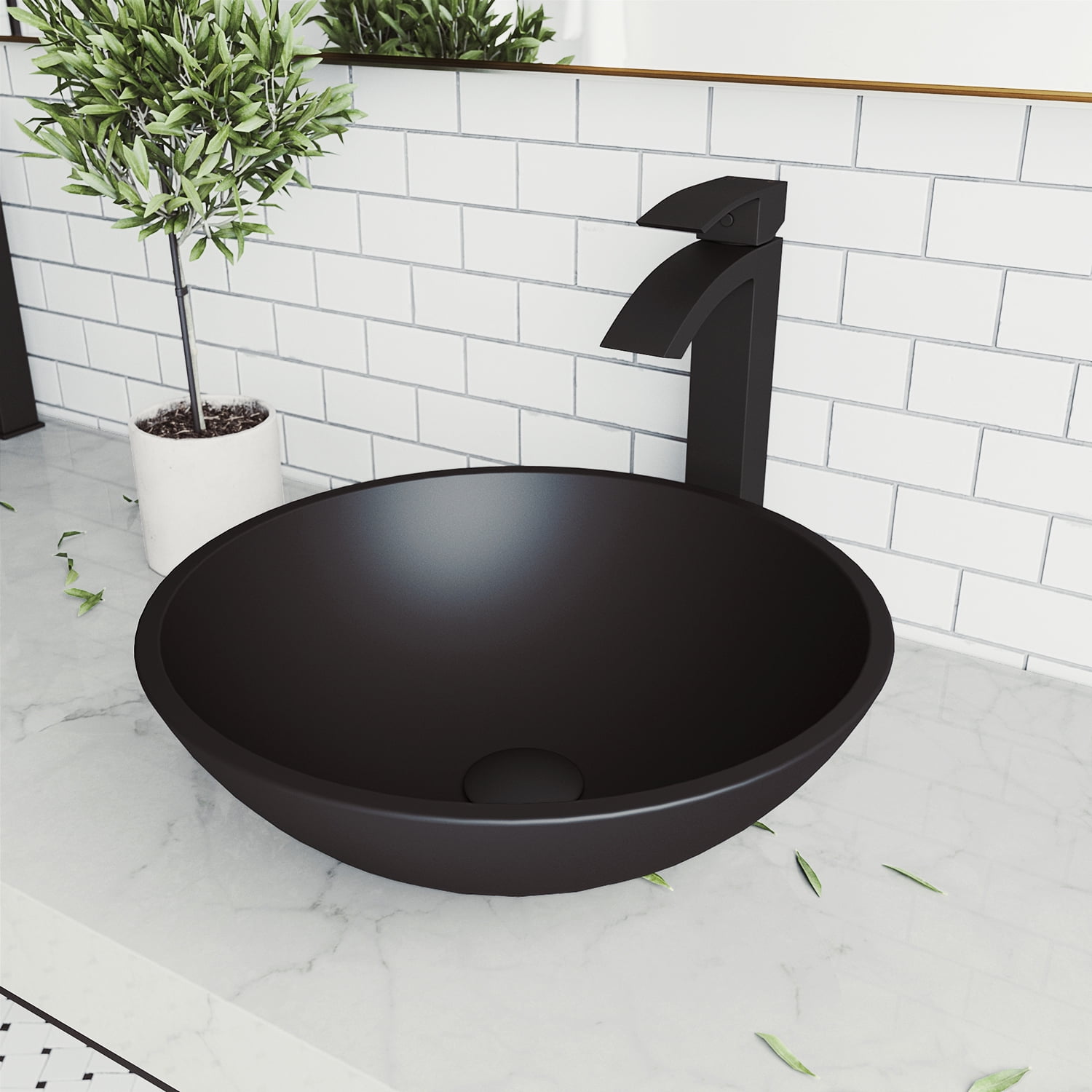 VIGO Matte Shell Cavalli Glass Round Vessel Bathroom Sink in Black with ...