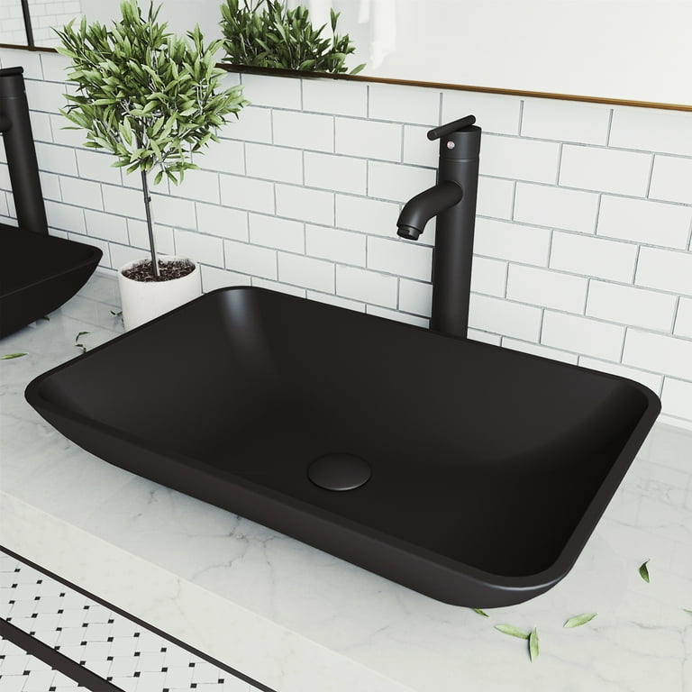 Hadyn Glass Vessel Bathroom Sink in Black with Seville Faucet in Matte Black Hadyn Glass Vessel Bathroom Sink in Black with Seville Faucet in Matte Black