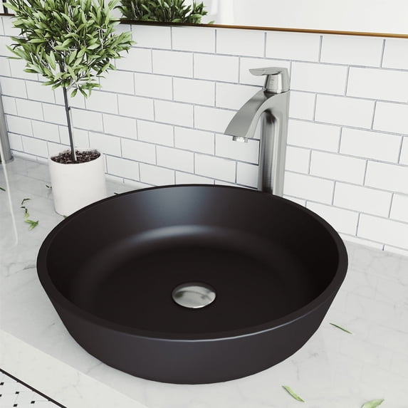 VIGO Matte Shell Modus Glass Round Vessel Bathroom Sink in Black with Linus Faucet and Pop-Up Drain in Brushed Nickel