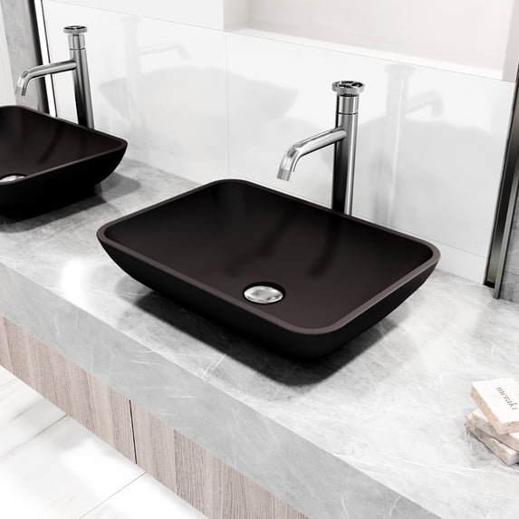 VIGO Matte Shell Sottile Glass Rectangular Vessel Bathroom Sink in Black with Cass Faucet and Pop-Up Drain in Brushed Nickel-VGT2047