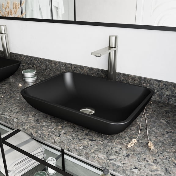 VIGO Matte Shell Sottile Glass Rectangular Vessel Bathroom Sink in Black with Faucet and Pop-Up Drain in Brushed Nickel