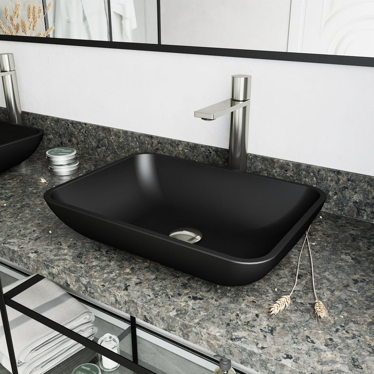 MatteShell Rectangular Vessel Bathroom Sink in Black & Gotham Faucet in Brushed Nickel MatteShell Rectangular Vessel Bathroom Sink in Black & Gotham Faucet in Brushed Nickel