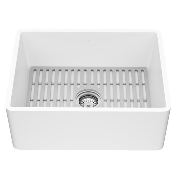 Matte Stone White Composite 24 in. Single Bowl Flat Farmhouse Apron-Front Kitchen Sink with Strainer and Silicone Grid