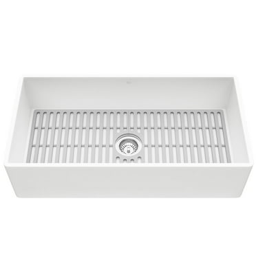VIGO Matte Stone 36-in x 18-in White Single-Basin Undermount Flat Apron Front/Farmhouse Kitchen Sink Set With Silicone Grid