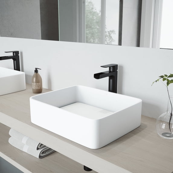 VIGO Matte Stone Jasmine Composite Rectangular Vessel Bathroom Sink in White with Faucet and Pop-Up Drain in Matte Black