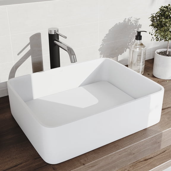 VIGO Matte Stone Jasmine Composite Rectangular Vessel Bathroom Sink in White with Lexington Faucet in Chrome and Pop-Up Drain