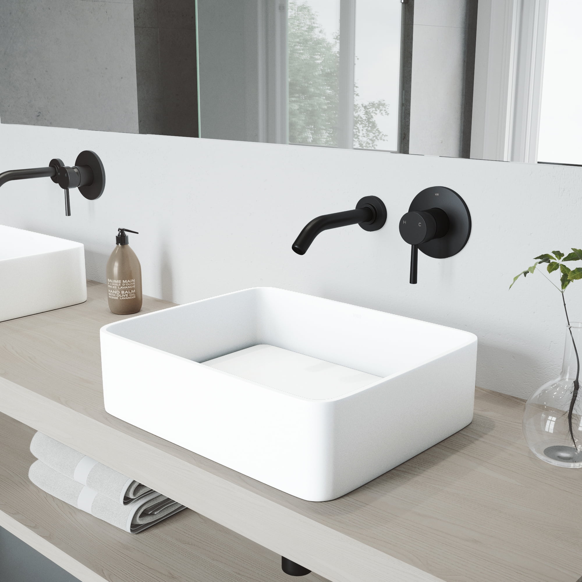 18" White Stone Rectangular Vessel Sink with Matte Black Faucet