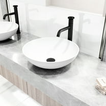 VIGO Matte Stone Lotus Composite Round Vessel Bathroom Sink in White with Cass Faucet and Pop-Up Drain in Matte Black