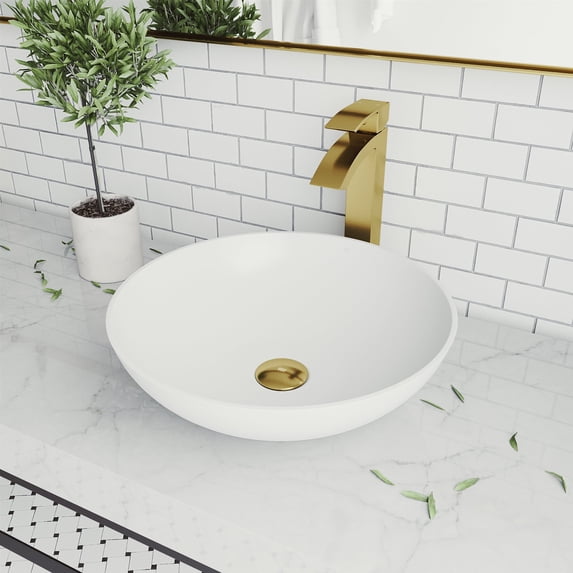 VIGO Matte Stone Lotus Composite Round Vessel Bathroom Sink in White with Duris Faucet and Pop-Up Drain in Matte Gold