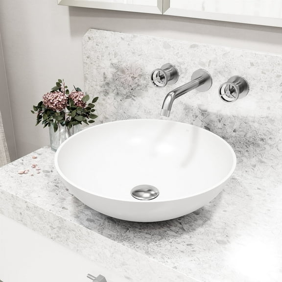 VIGO Matte Stone Lotus Composite Round Vessel Bathroom Sink in White with Wall-Mount Faucet and Drain in Brushed Nickel