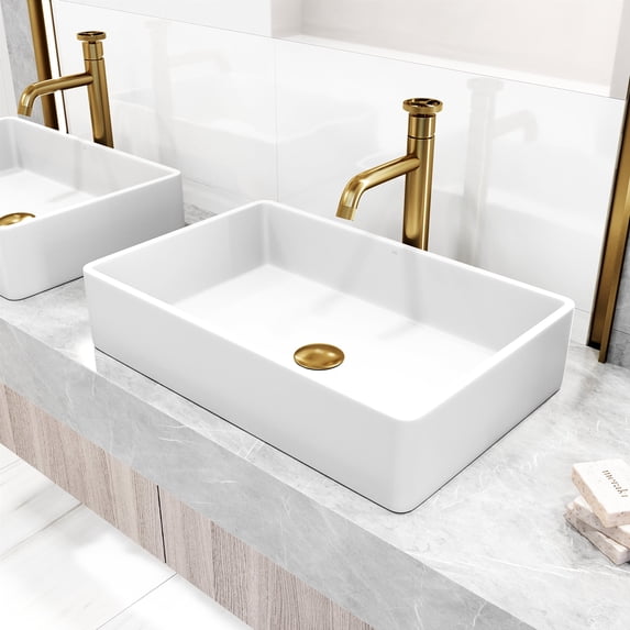 VIGO Matte Stone Magnolia Composite Rectangular Vessel Bathroom Sink in White with Cass Faucet and Pop-Up Drain in Matte Gold