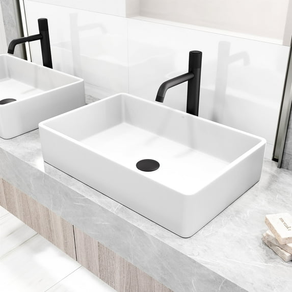 VIGO Matte Stone Magnolia Composite Rectangular Vessel Bathroom Sink in White with Faucet and Pop-Up Drain in Matte Black