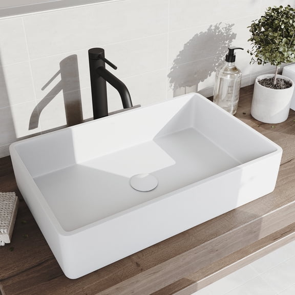 VIGO Matte Stone Magnolia Composite Rectangular Vessel Bathroom Sink in White with Faucet in Matte Black and Pop-Up Drain