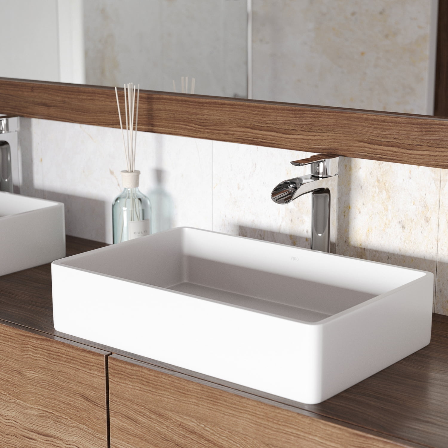 Magnolia 21" White Matte Stone Rectangular Vessel Sink with Chrome Faucet