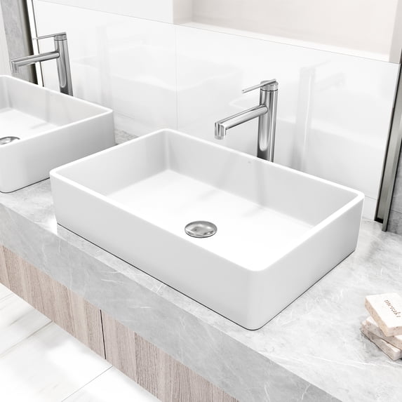 VIGO Matte Stone Magnolia Composite Rectangular Vessel Bathroom Sink in White with Sterling Faucet and Pop-Up Drain in Chrome