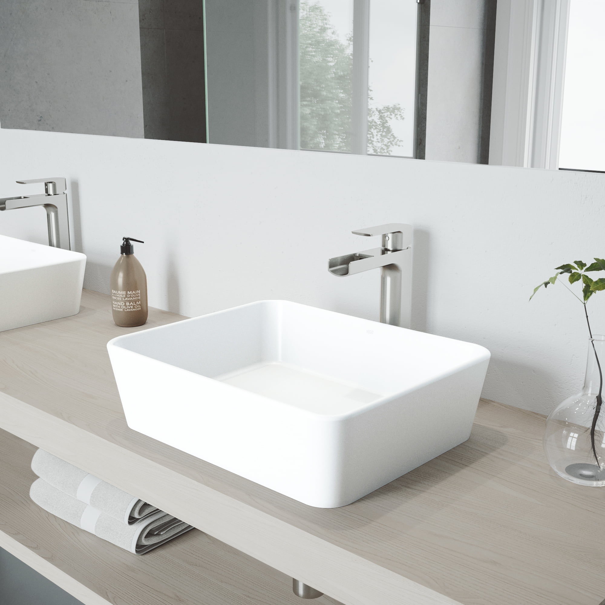 White Stone Rectangular Vessel Sink with Brushed Nickel Faucet