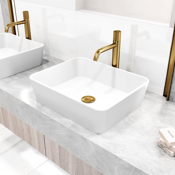 VIGO Matte Stone Marigold Composite Rectangular Vessel Bathroom Sink in White with Faucet and Pop-Up Drain in Matte Gold