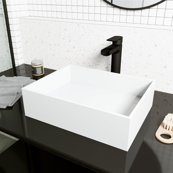 VIGO Matte Stone Montauk Composite Rectangular Vessel Bathroom Sink in White with Amada Faucet and Drain in Matte Black
