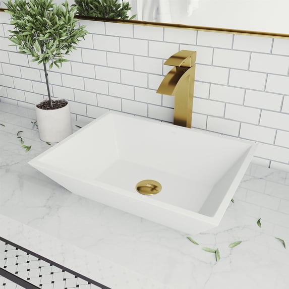 VIGO Matte Stone Vinca Composite Rectangular Vessel Bathroom Sink in White with Duris Faucet and Pop-Up Drain in Matte Gold