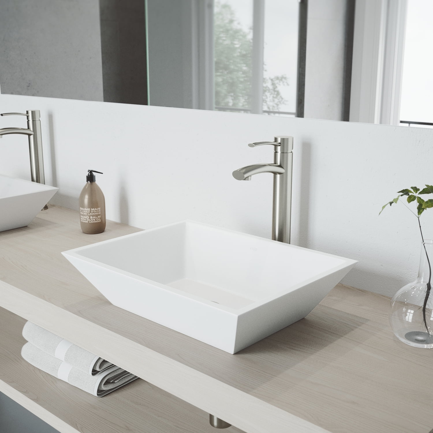 Matte White Stone Rectangular Vessel Sink with Brushed Nickel Faucet