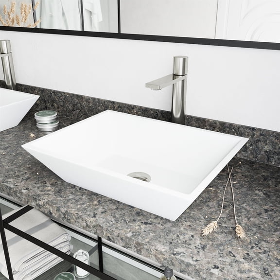 VIGO Matte Stone Vinca Composite Rectangular Vessel Bathroom Sink in White with Faucet and Pop-Up Drain in Brushed Nickel