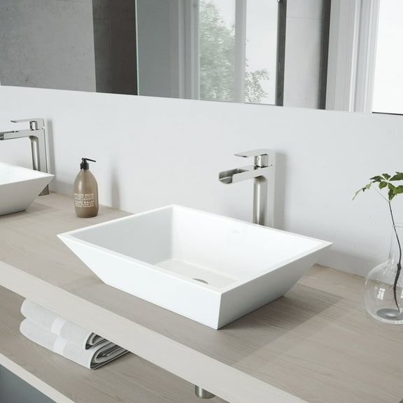 VIGO Matte Stone Vinca Composite Rectangular Vessel Bathroom Sink in White with Faucet and Pop-Up Drain in Brushed Nickel