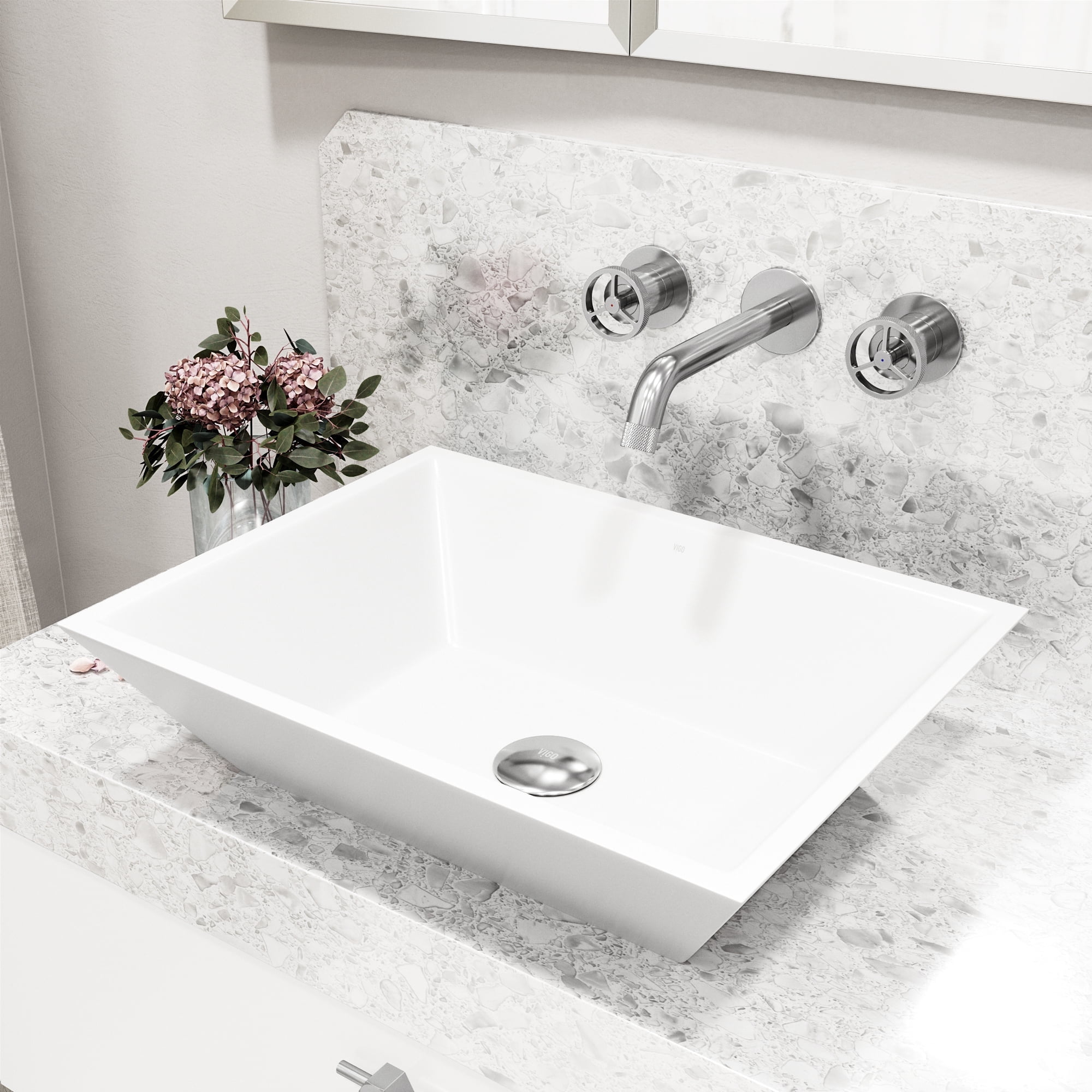 Sleek White Matte Stone 18" Rectangular Vessel Bathroom Sink Set
