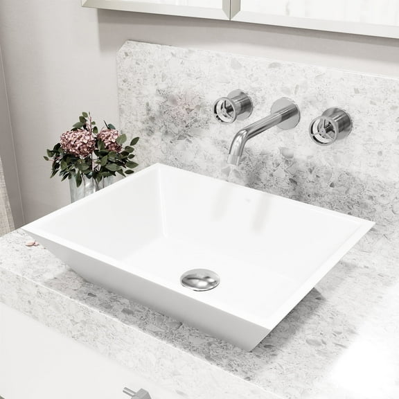 VIGO Matte Stone Vinca Composite Rectangular Vessel Bathroom Sink in White with Wall-Mount Faucet and Pop-Up Drain in Chrome