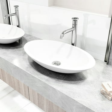 VIGO Matte Stone Wisteria Composite Oval Vessel Bathroom Sink in White with Cass Faucet and Pop-Up Drain in Chrome