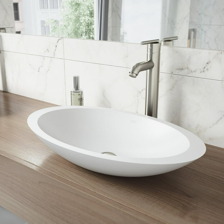Wisteria Round Matte Stone Vessel Bathroom Sink in White with Seville Vessel Faucet in Brushed Nickel Wisteria Round Matte Stone Vessel Bathroom Sink in White with Seville Vessel Faucet in Brushed Nickel