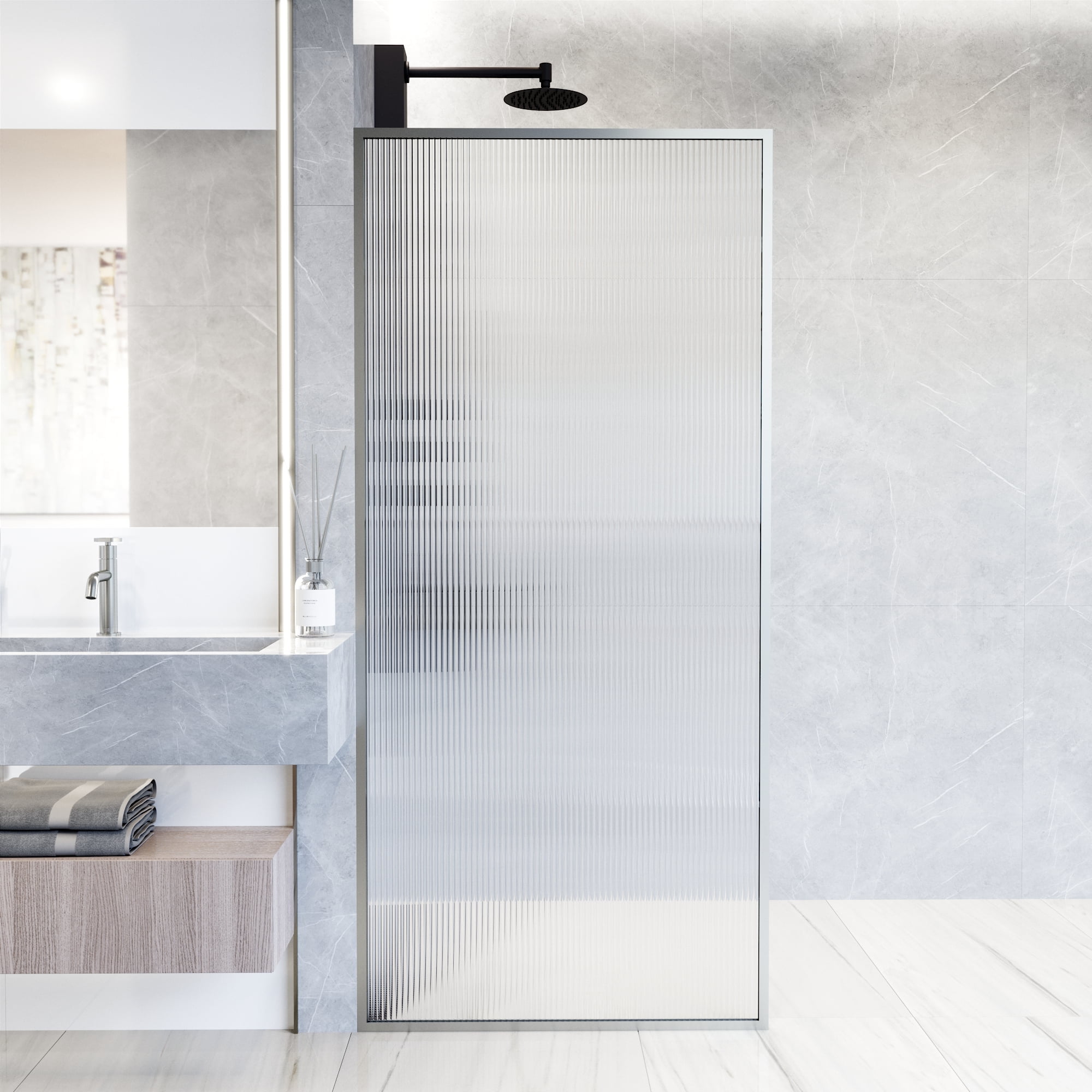 Meridian 34" W x 74" H Stainless Steel Fluted Shower Screen