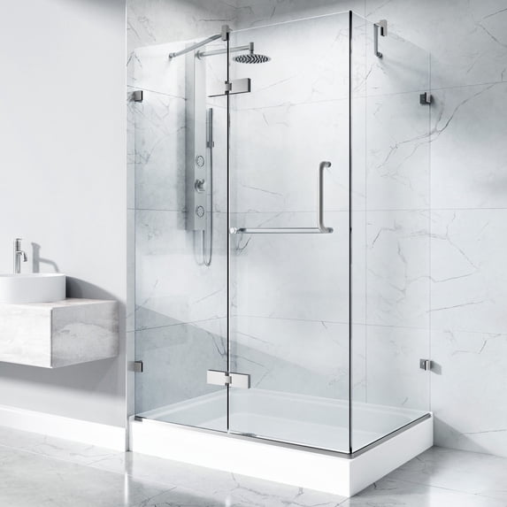 VIGO Monteray 32 in. L x 40 in. W x 79 in. H Frameless Hinged Shower Enclosure Kit in Brushed Nickel with 3/8 in. Clear Glass