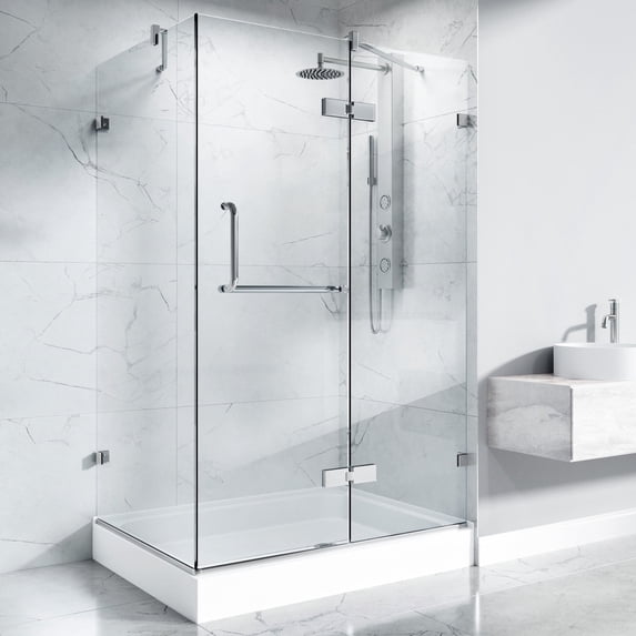 VIGO Monteray 32 in. L x 48 in. W x 79 in. H Frameless Hinged Rectangle Shower Enclosure Kit in Chrome with Clear Glass