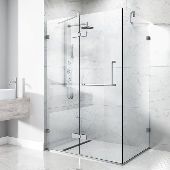 VIGO Monteray 34 in. L x 46 in. W x 73 in. H Frameless Hinged Rectangle Shower Enclosure in Brushed Nickel with Clear Glass