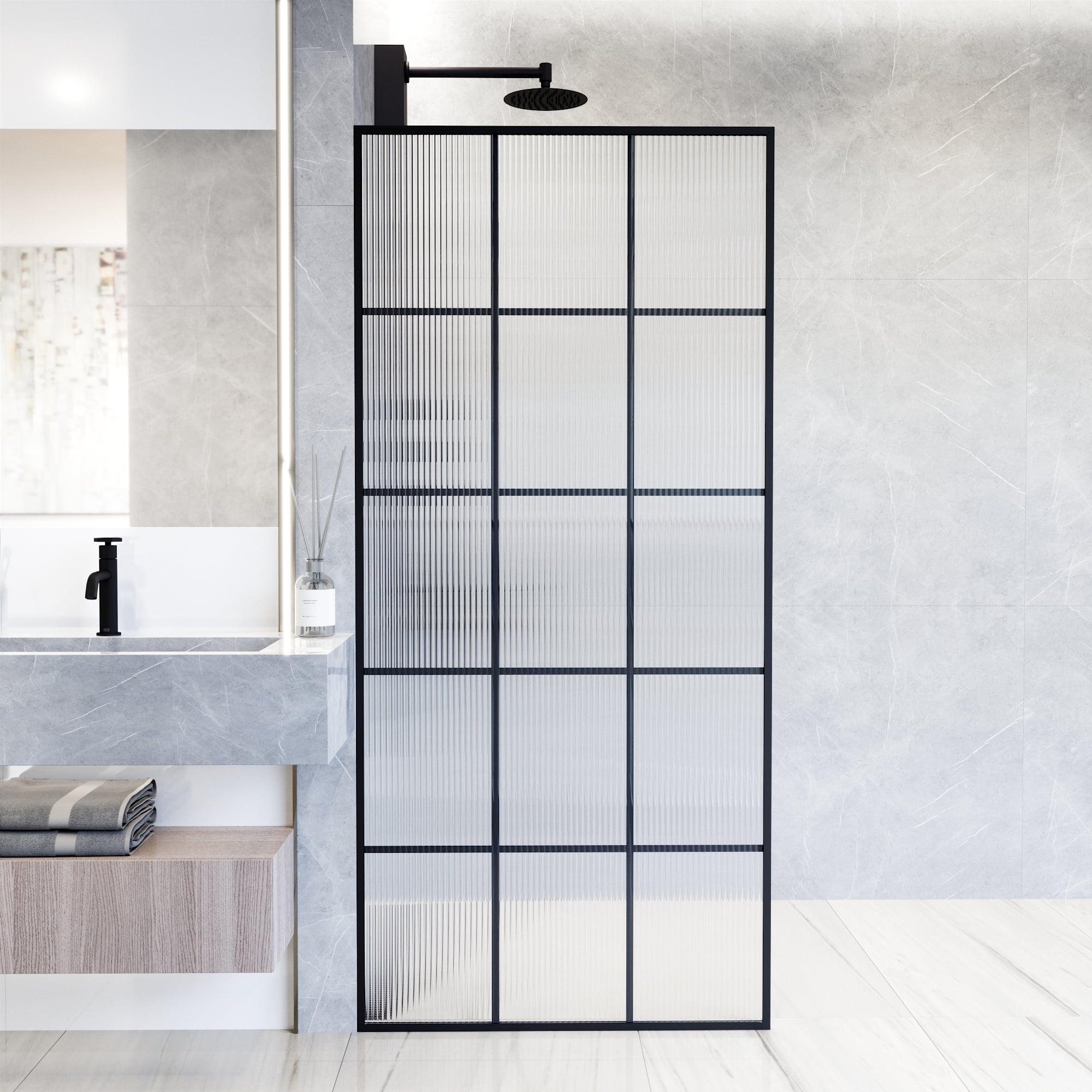 Mosaic Matte Black 34" x 74" Fluted Glass Shower Screen