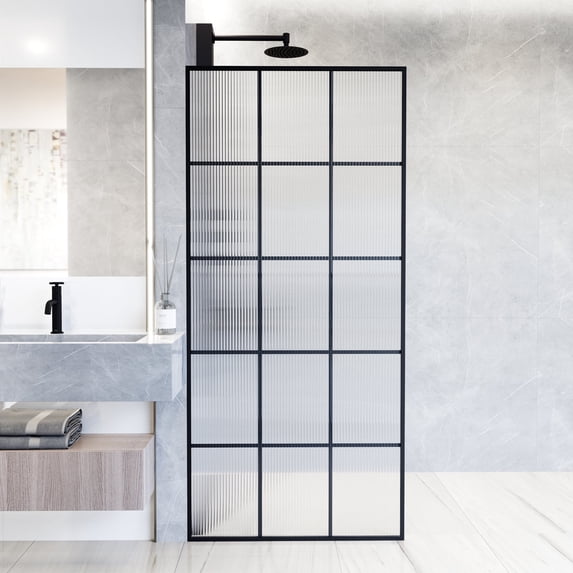 VIGO Mosaic 34 in. W x 74 in. H Framed Fixed Shower Screen Door in Matte Black with 3/8 in. (10mm) Fluted Glass