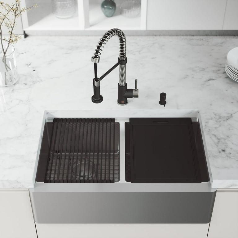 Oxford Stainless Steel 33 in. Single Bowl Flat Farmhouse Apron-Front Workstation Kitchen Sink with Accessories Oxford Stainless Steel 33 in. Single Bowl Flat Farmhouse Apron-Front Workstation Kitchen Sink with Accessories