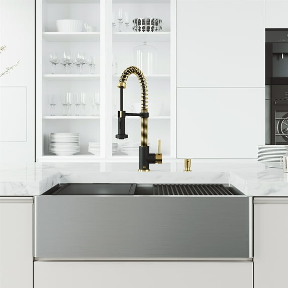 33 in. Single Bowl Apron Front Stainless Steel Farmhouse Kitchen Sink and Faucet in Matte Brushed Gold and Matte Black