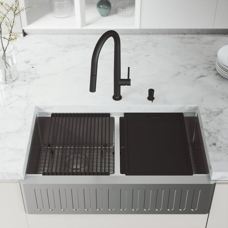 Oxford Stainless Steel 36 in. Double Bowl Slotted Farmhouse Apron-Front Workstation Kitchen Sink with Accessories Oxford Stainless Steel 36 in. Double Bowl Slotted Farmhouse Apron-Front Workstation Kitchen Sink with Accessories