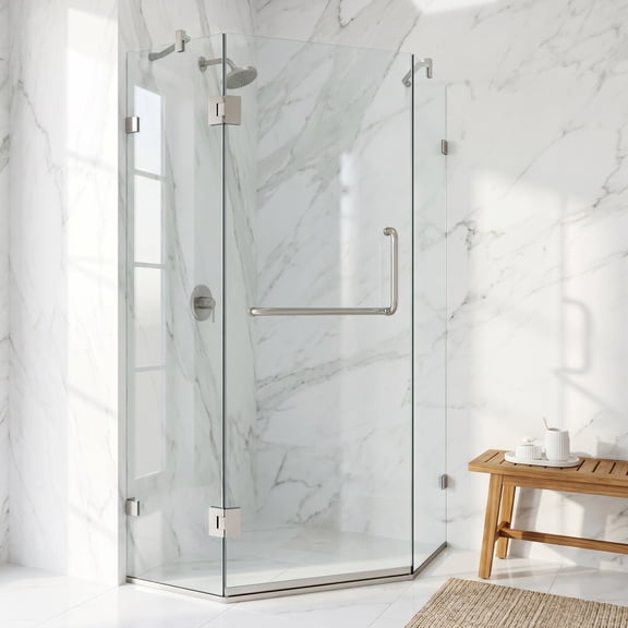 VIGO Piedmont 34 in. L x 34 in. W x 73 in. H Frameless Hinged Neo-angle Shower Enclosure in Brushed Nickel with Clear Glass