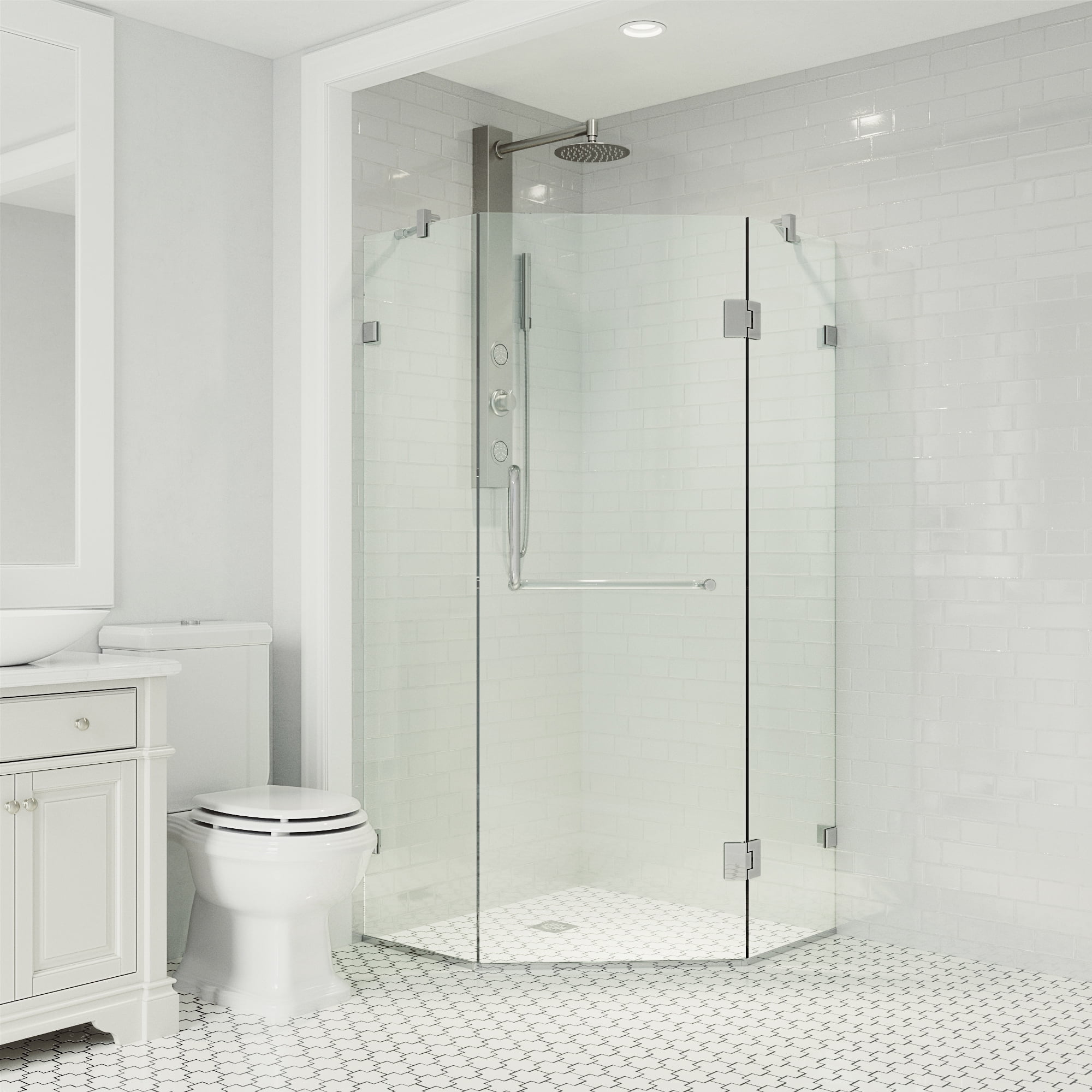 Piedmont Frameless Neo-Angle Shower Enclosure with Clear Glass and Brushed Nickel Hardware