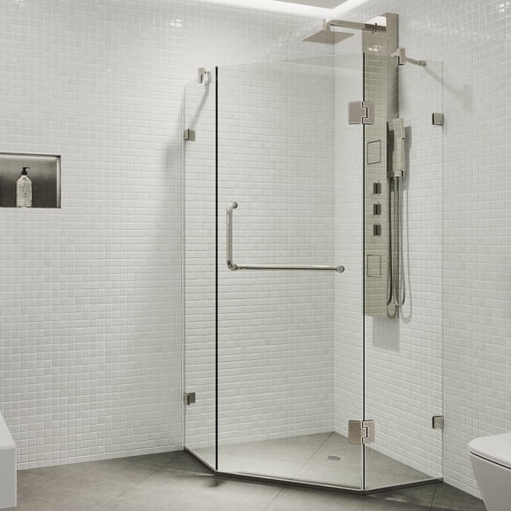 VIGO Piedmont 38 in. L x 38 in. W x 73 in. H Frameless Hinged Neo-angle Shower Enclosure in Brushed Nickel with Clear Glass