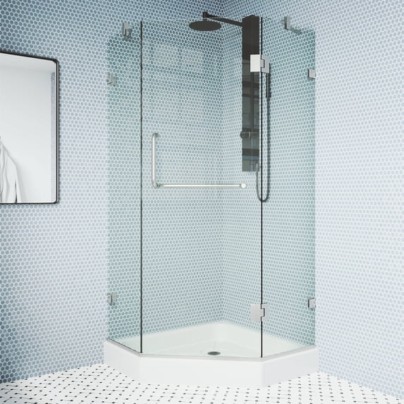 VIGO Piedmont 40 in. L x 40 in. W x 79 in. H Frameless Hinged Neo-angle Shower Enclosure in Brushed Nickel with Clear Glass
