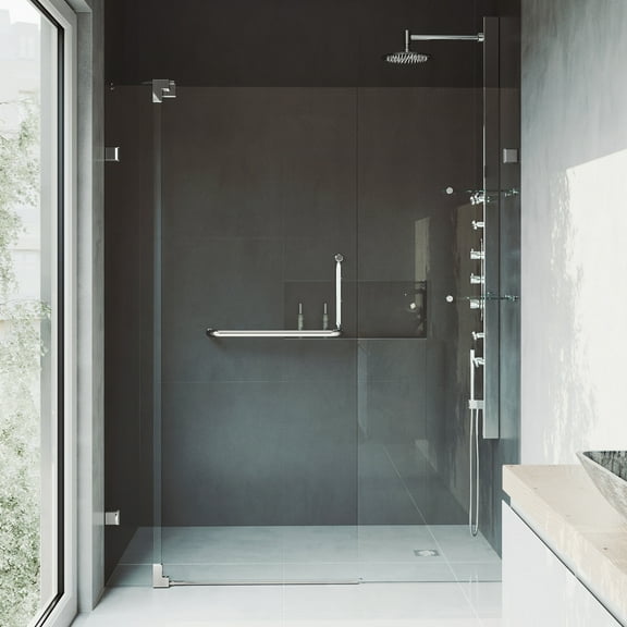 VIGO Pirouette 48 to 54 in. W x 72 in. H Pivot Frameless Shower Door in Brushed Nickel with 3/8 in. (10mm) Clear Glass