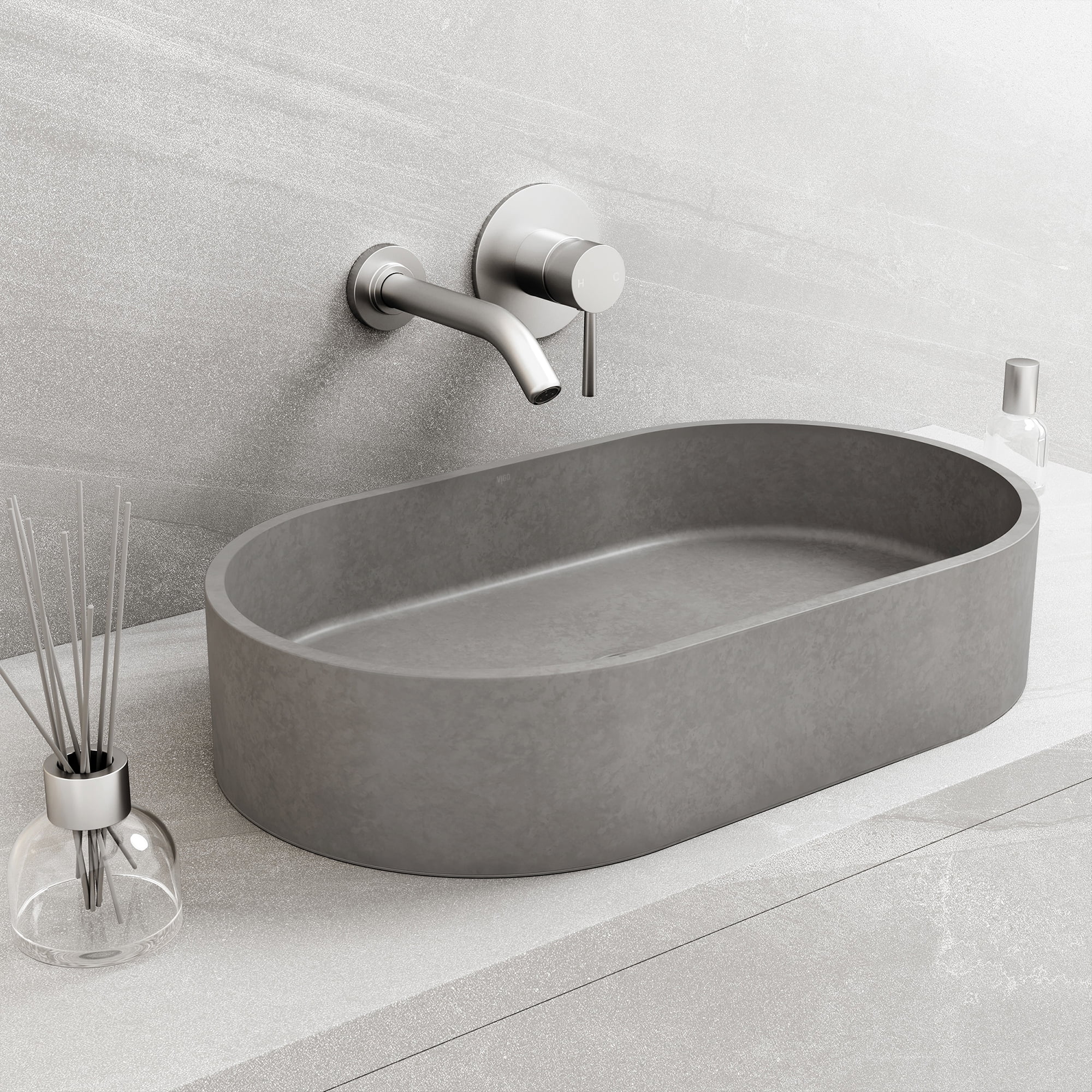 Sagrada Gothic Gray Oval Vessel Sink in Concrete Stone 24"x14"