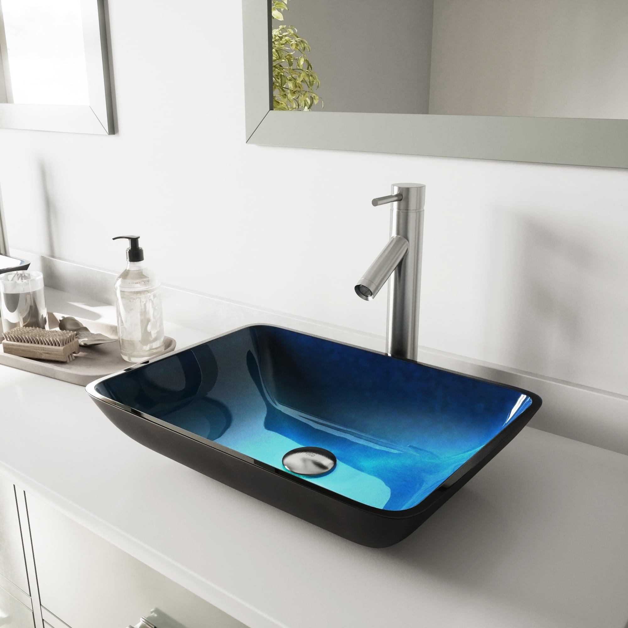 Turquoise Water Glass Rectangular Vessel Sink with Brushed Nickel Faucet